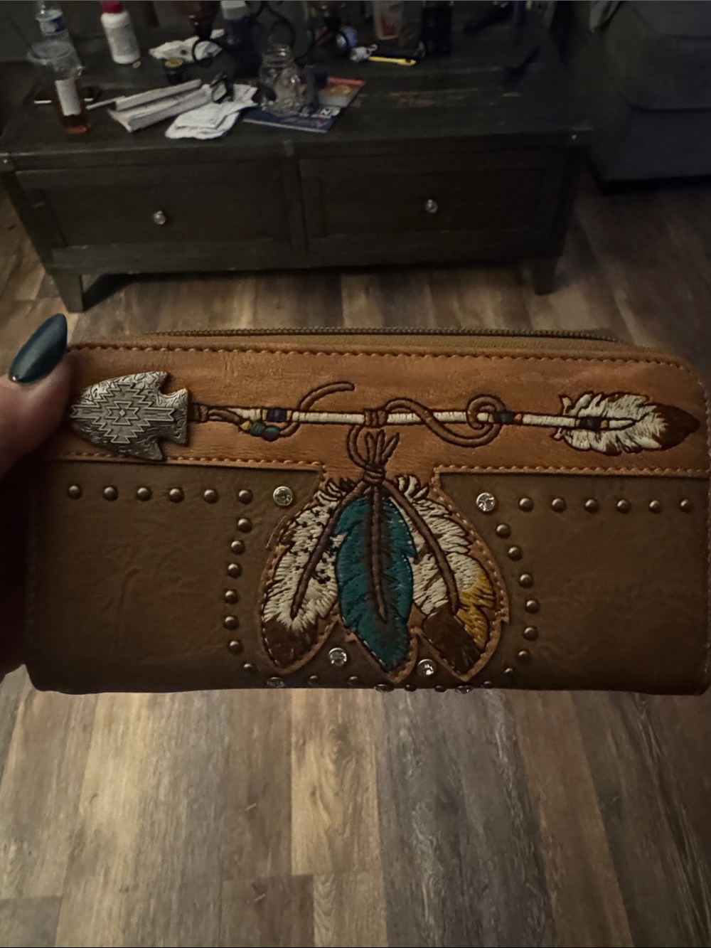 Tan Embroidered Feather Shoulder Bag with Stud and Tassel Detail - Picture 8 of 11